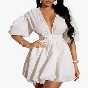 White Deep V-Neck Sun Dress (Perfect for Wedding Reception or Bridal Shower)